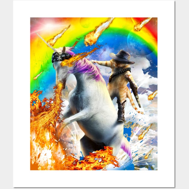 Cowboy Space Cat On Rainbow Fire Unicorn Wall Art by Random Galaxy